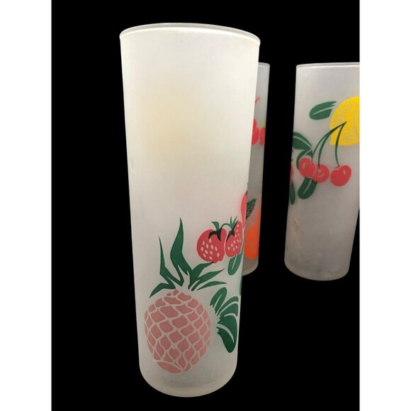 Set Of 4 Mid Century Federal Frosted Tom Collins Glasses With Retro Fruit Design - Picture 8 of 16